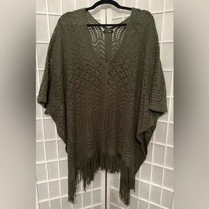 FASHION NOVA Olive Green Knit Fringe Poncho Sweater